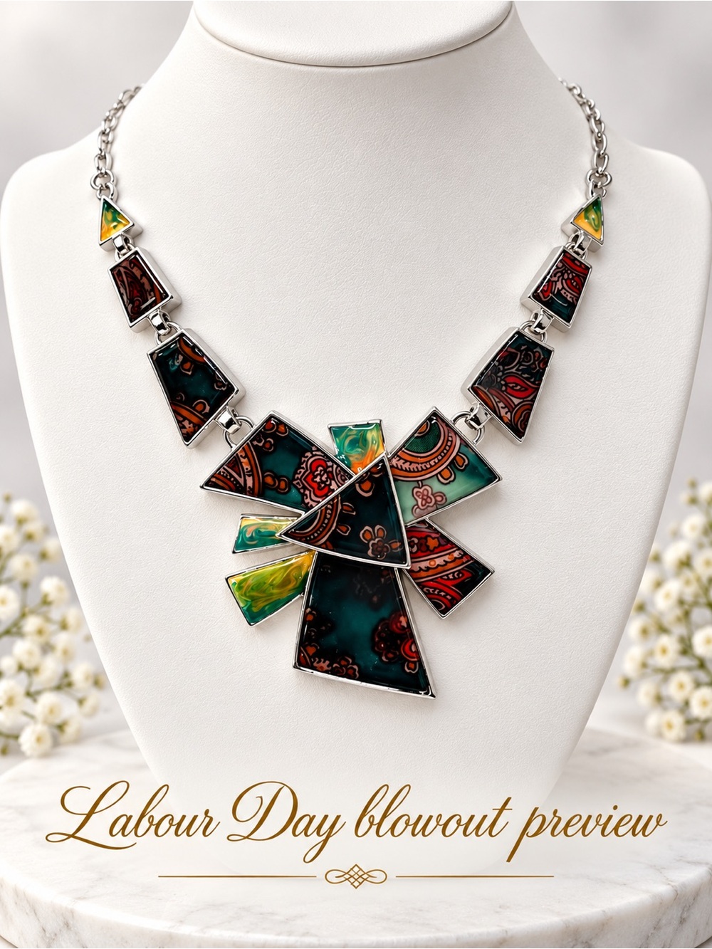 RESTOCKED! Statement Geometric Pendant Necklace in Teal, Red & Yellow